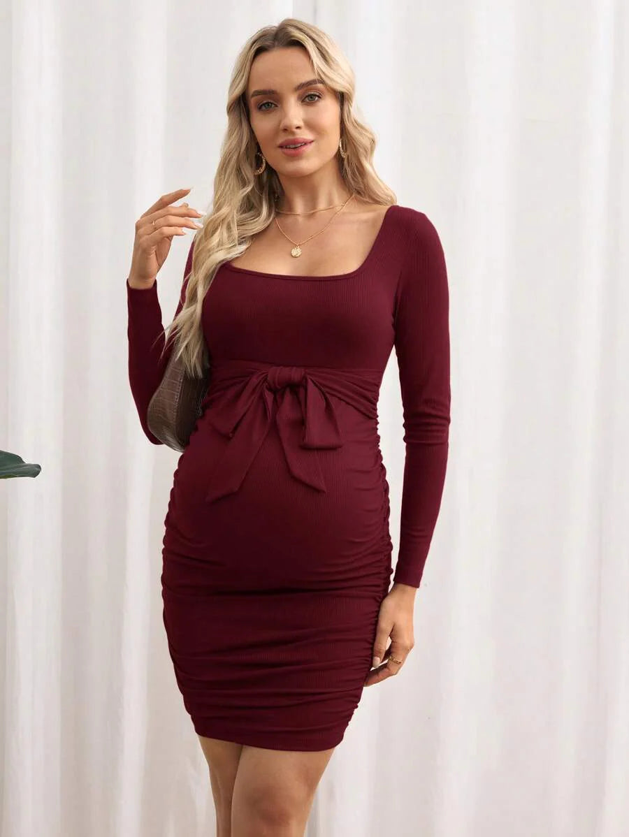 Maternity Bodycon Dress - Khaki Ruched Slim-Fit Belted Square Neck Long Sleeve Ribbed Knit, Pencil
