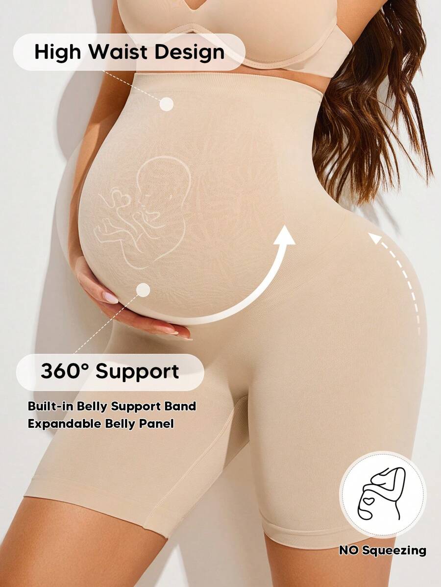 Maternity High Waist Support Shorts in Beige with Botanical Print, High Stretch Seamless Nursing Underwear for Daily Comfort
