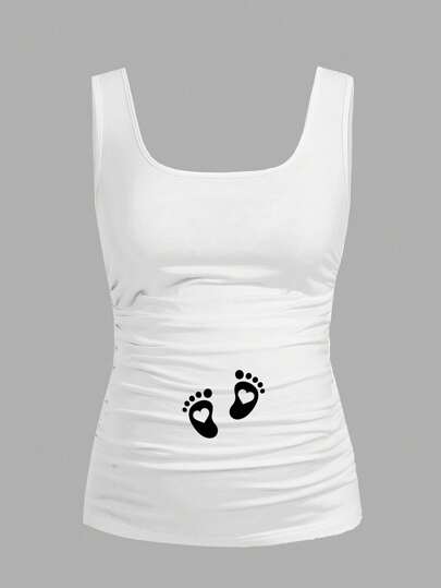 White Baby Footprint Heart Scoop Neck Slim Fit Maternity Tank Top, Casual Ruched Knit Camisole for Daily Wear and Valentine's Day