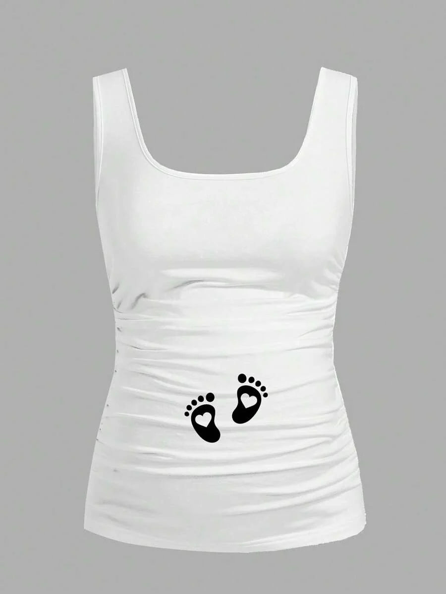 White Baby Footprint Heart Scoop Neck Slim Fit Maternity Tank Top, Casual Ruched Knit Camisole for Daily Wear and Valentine's Day