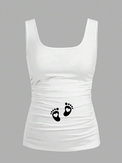 White Baby Footprint Heart Scoop Neck Slim Fit Maternity Tank Top, Casual Ruched Knit Camisole for Daily Wear and Valentine's Day