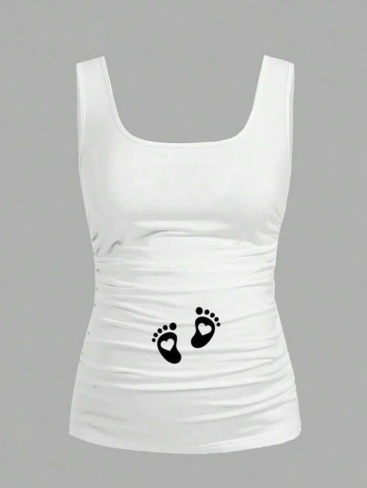 White Baby Footprint Heart Scoop Neck Slim Fit Maternity Tank Top, Casual Ruched Knit Camisole for Daily Wear and Valentine's Day