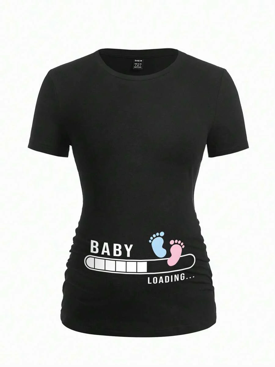 Black Slogan V Neck Ringer Tee - Slim Fit Short Sleeve Knitted Graphic T-Shirt - Soft Medium Stretch Casual Daily Basic Top