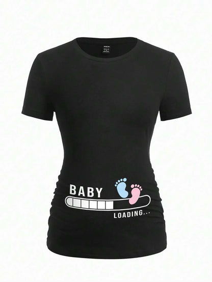 Black Slogan V Neck Ringer Tee - Slim Fit Short Sleeve Knitted Graphic T-Shirt - Soft Medium Stretch Casual Daily Basic Top