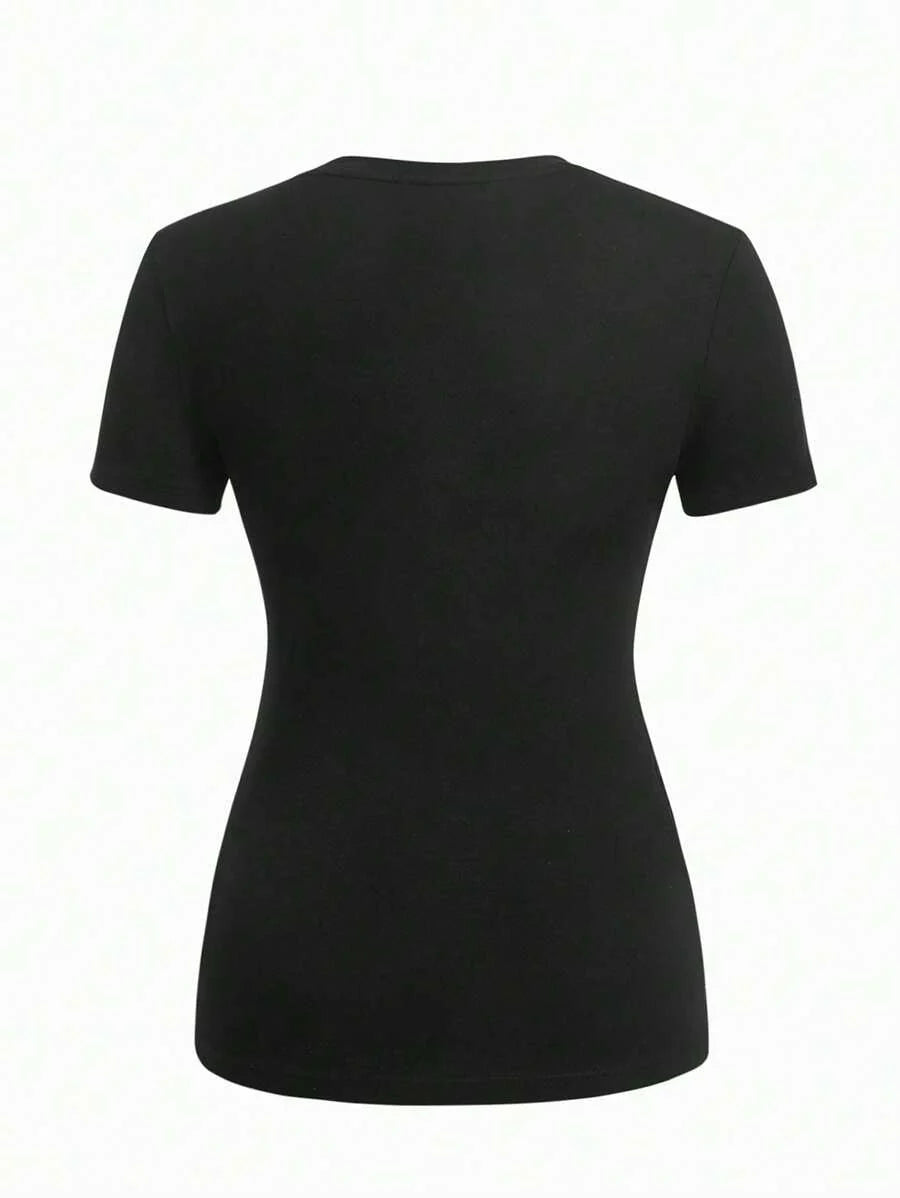 Black Slogan V Neck Ringer Tee - Slim Fit Short Sleeve Knitted Graphic T-Shirt - Soft Medium Stretch Casual Daily Basic Top