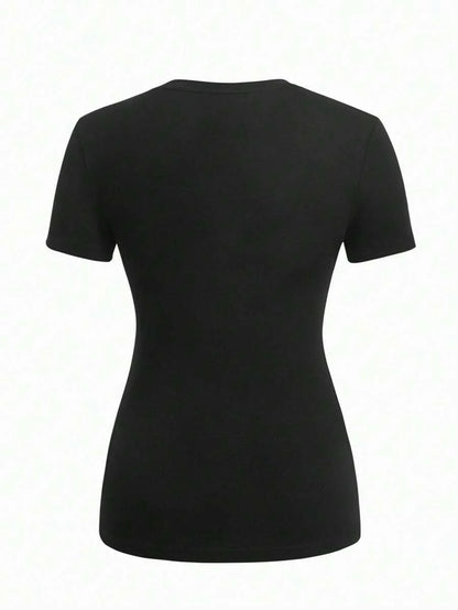 Black Slogan V Neck Ringer Tee - Slim Fit Short Sleeve Knitted Graphic T-Shirt - Soft Medium Stretch Casual Daily Basic Top