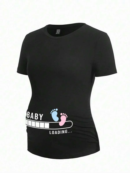 Black Slogan V Neck Ringer Tee - Slim Fit Short Sleeve Knitted Graphic T-Shirt - Soft Medium Stretch Casual Daily Basic Top