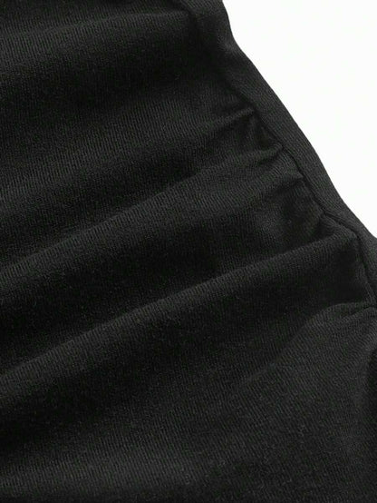 Black Slogan V Neck Ringer Tee - Slim Fit Short Sleeve Knitted Graphic T-Shirt - Soft Medium Stretch Casual Daily Basic Top