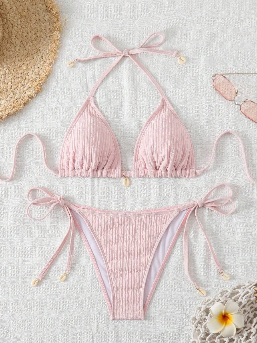 Women's Textured Halter Tie Bikini Set - Knot, Tie Side, High Waist, Blue