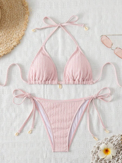 Women's Textured Halter Tie Bikini Set - Knot, Tie Side, High Waist, Blue