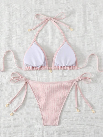 Women's Textured Halter Tie Bikini Set - Knot, Tie Side, High Waist, Blue