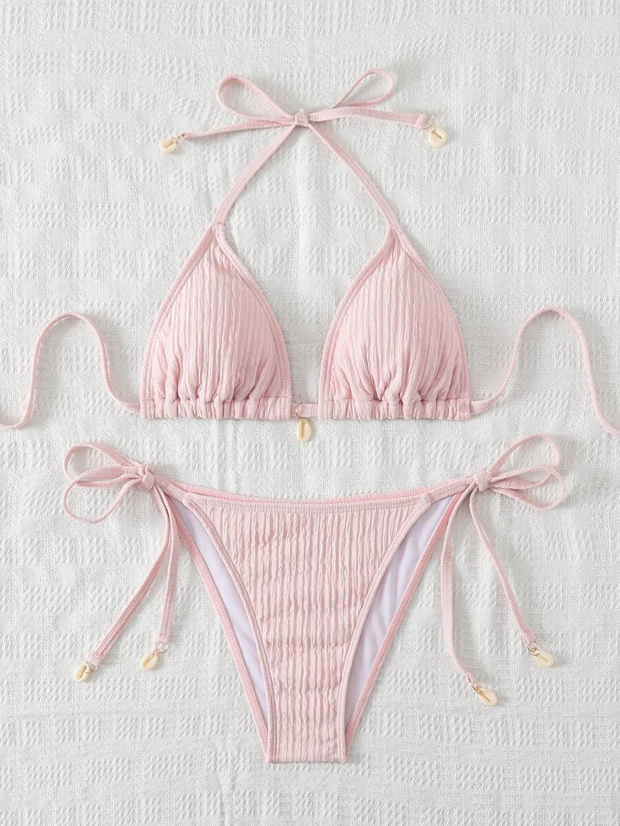 Women's Textured Halter Tie Bikini Set - Knot, Tie Side, High Waist, Blue