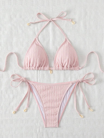 Women's Textured Halter Tie Bikini Set - Knot, Tie Side, High Waist, Blue