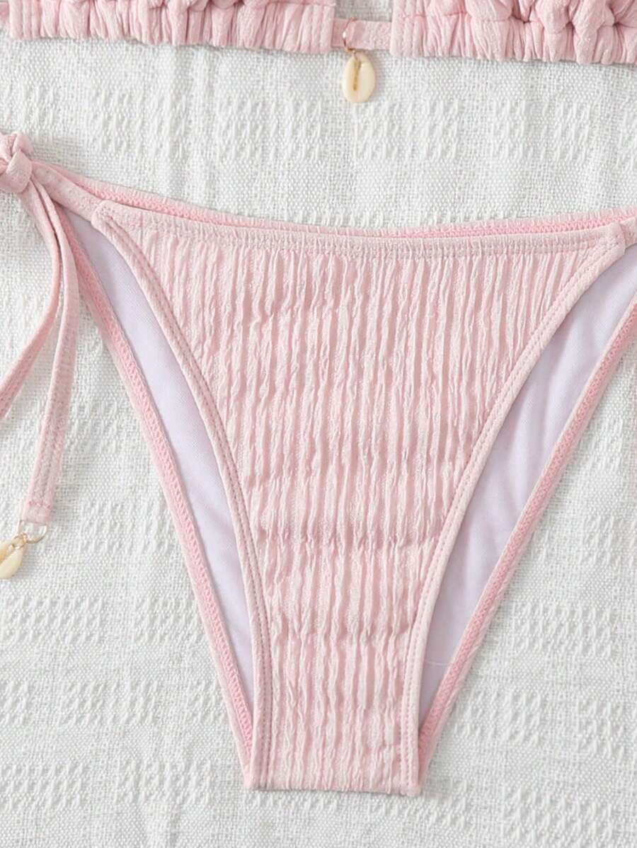 Women's Textured Halter Tie Bikini Set - Knot, Tie Side, High Waist, Blue