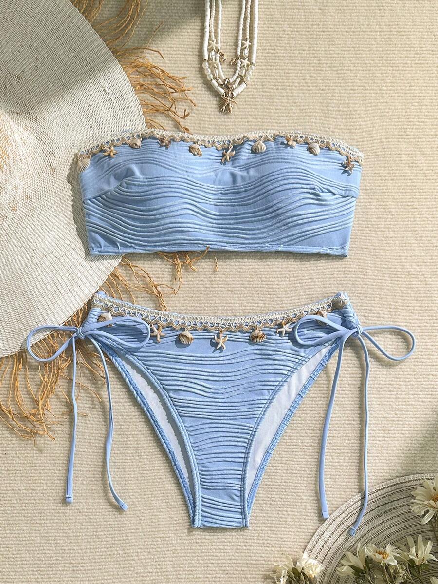 Women's 2-Piece Textured Bandeau Bikini Set - Shell Strap, Tie Side, Lace Up, White
