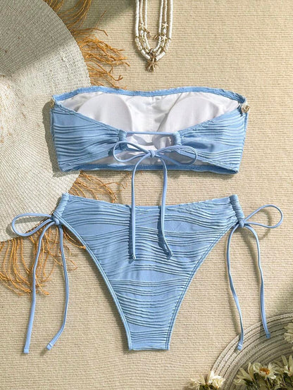 Women's 2-Piece Textured Bandeau Bikini Set - Shell Strap, Tie Side, Lace Up, White