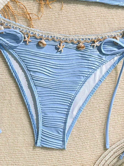 Women's 2-Piece Textured Bandeau Bikini Set - Shell Strap, Tie Side, Lace Up, White