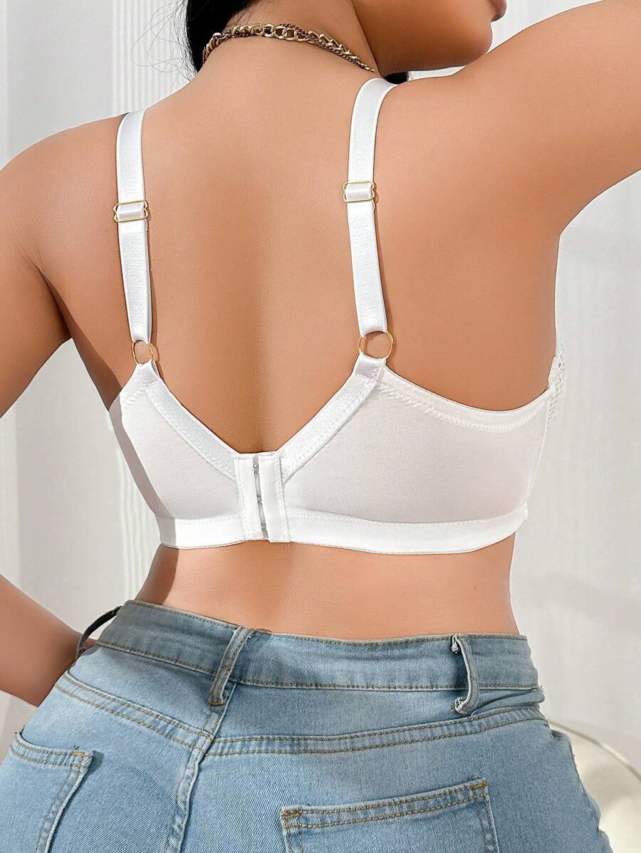 1pc Plus Size Women Lace Applique Mesh Underwire Bra, Lift