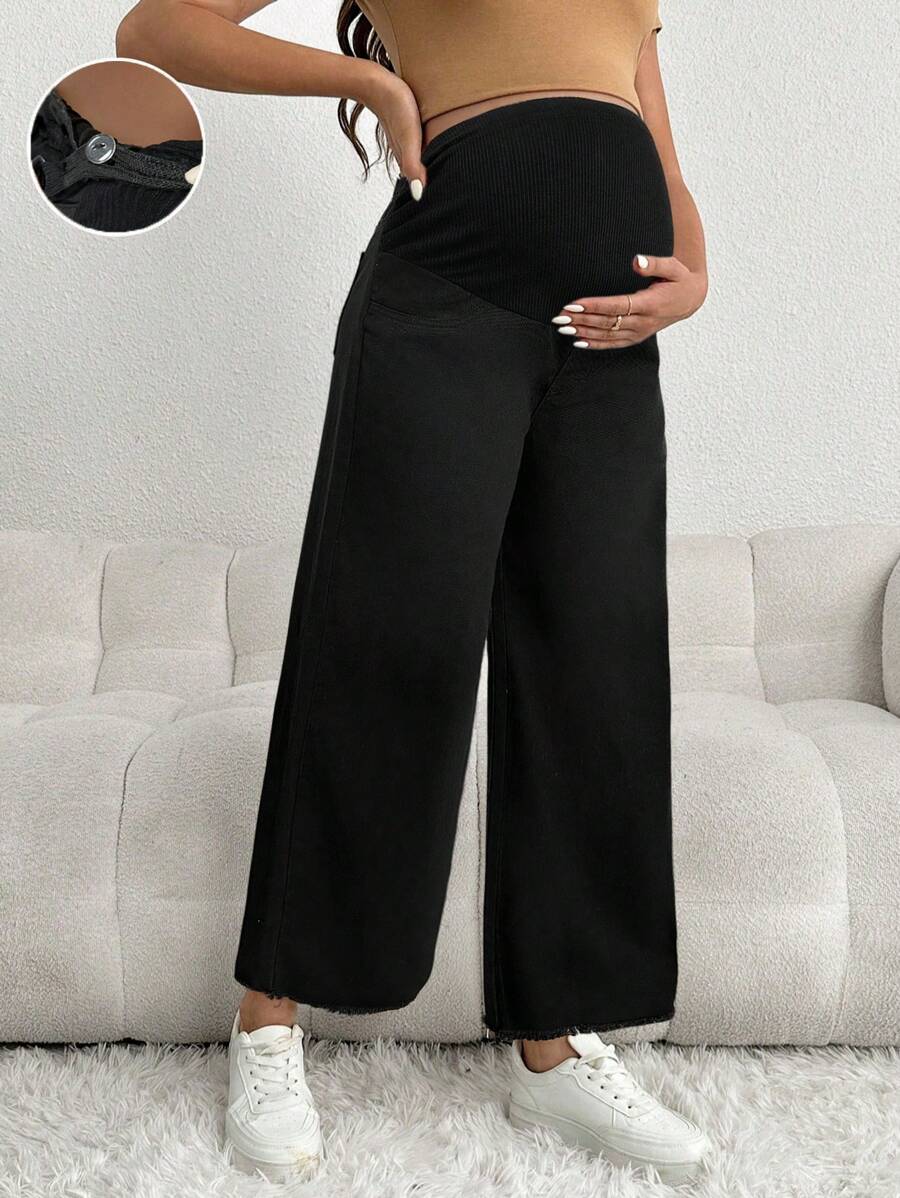 Brown Maternity Casual Loose Cropped Jeans with Elastic Waistband Patchwork and Pockets in 100% Cotton Denim