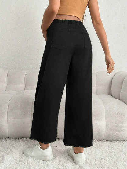 Maternity Denim Pants - Loose Fit, Elastic Waist, Cropped, White
