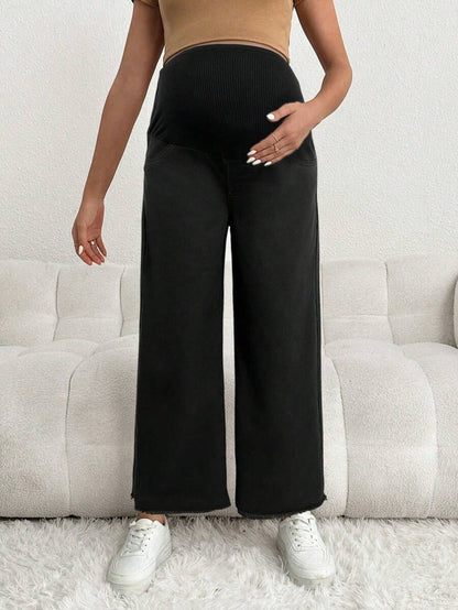 Maternity Denim Pants - Loose Fit, Elastic Waist, Cropped, White