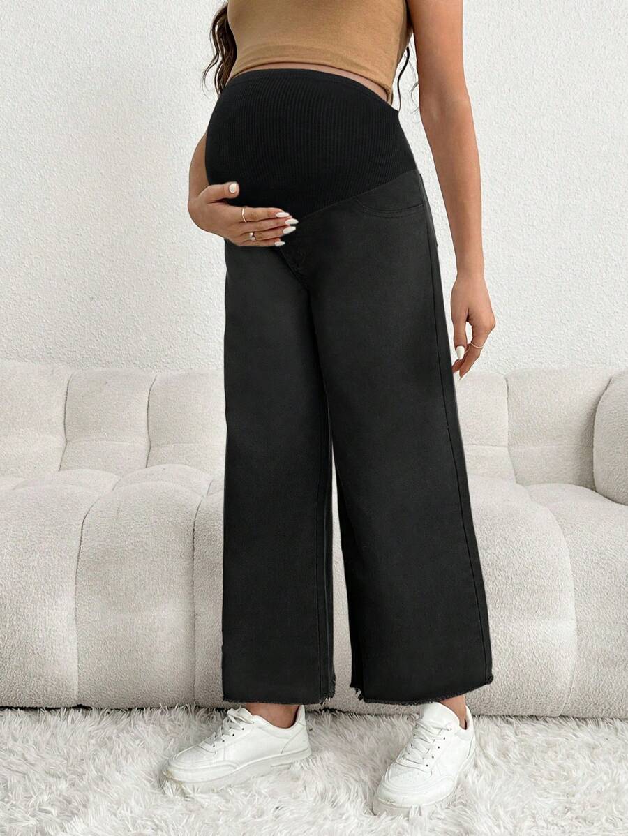 Brown Maternity Casual Loose Cropped Jeans with Elastic Waistband Patchwork and Pockets in 100% Cotton Denim