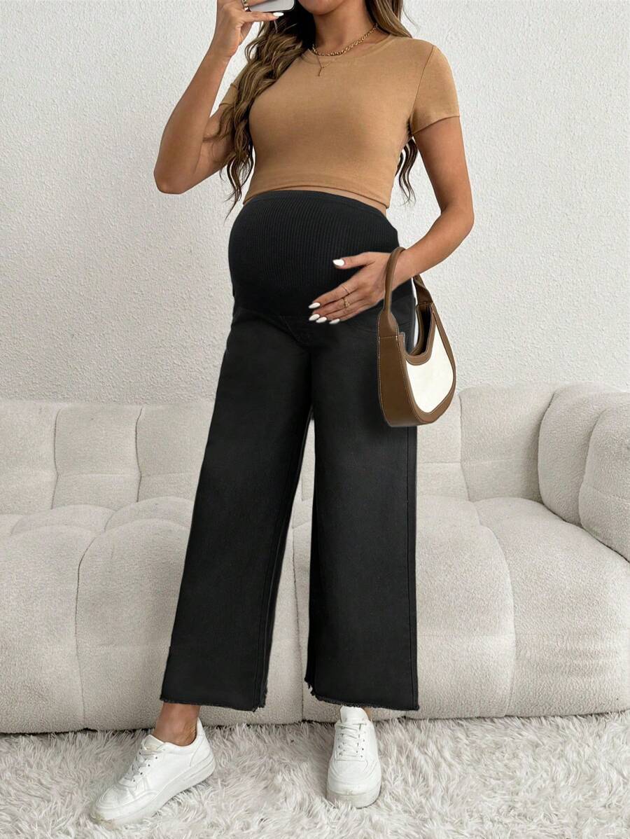 Maternity Denim Pants - Loose Fit, Elastic Waist, Cropped, White