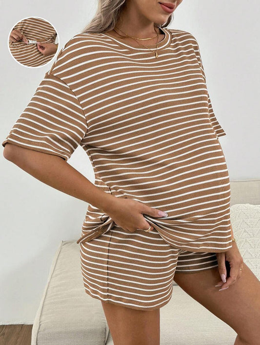 Maternity Striped 2-Piece Set - Drop Shoulder Tee & Track Shorts, Pocket, Loose Fit, Khaki