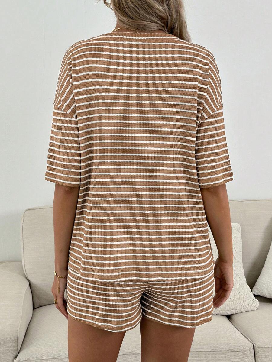 Maternity Striped 2-Piece Set - Drop Shoulder Tee & Track Shorts, Pocket, Loose Fit, Khaki