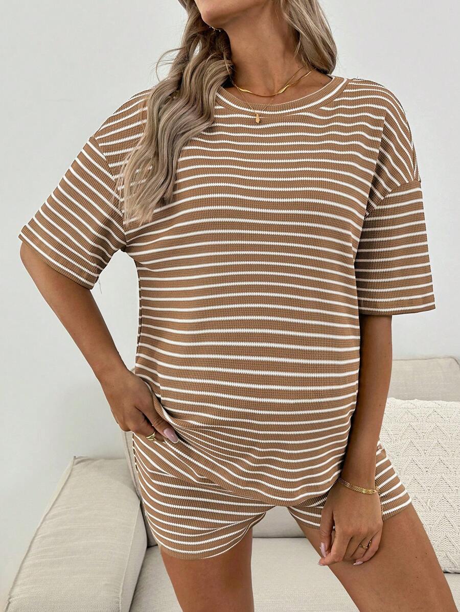 Maternity Striped 2-Piece Set - Drop Shoulder Tee & Track Shorts, Pocket, Loose Fit, Khaki