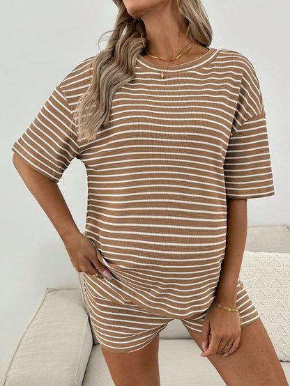Maternity Striped 2-Piece Set - Drop Shoulder Tee & Track Shorts, Pocket, Loose Fit, Khaki