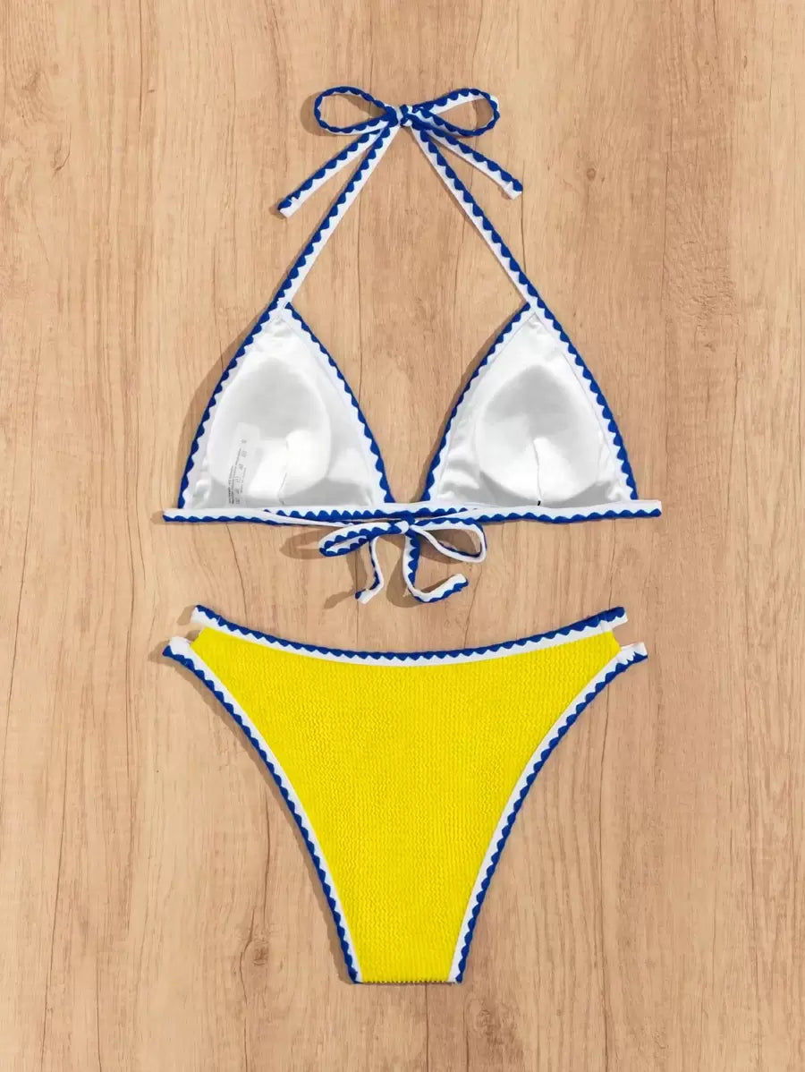 Women's Whip Stitch Halter Triangle Bikini Set - Backless, High Waist, Colorblock, White