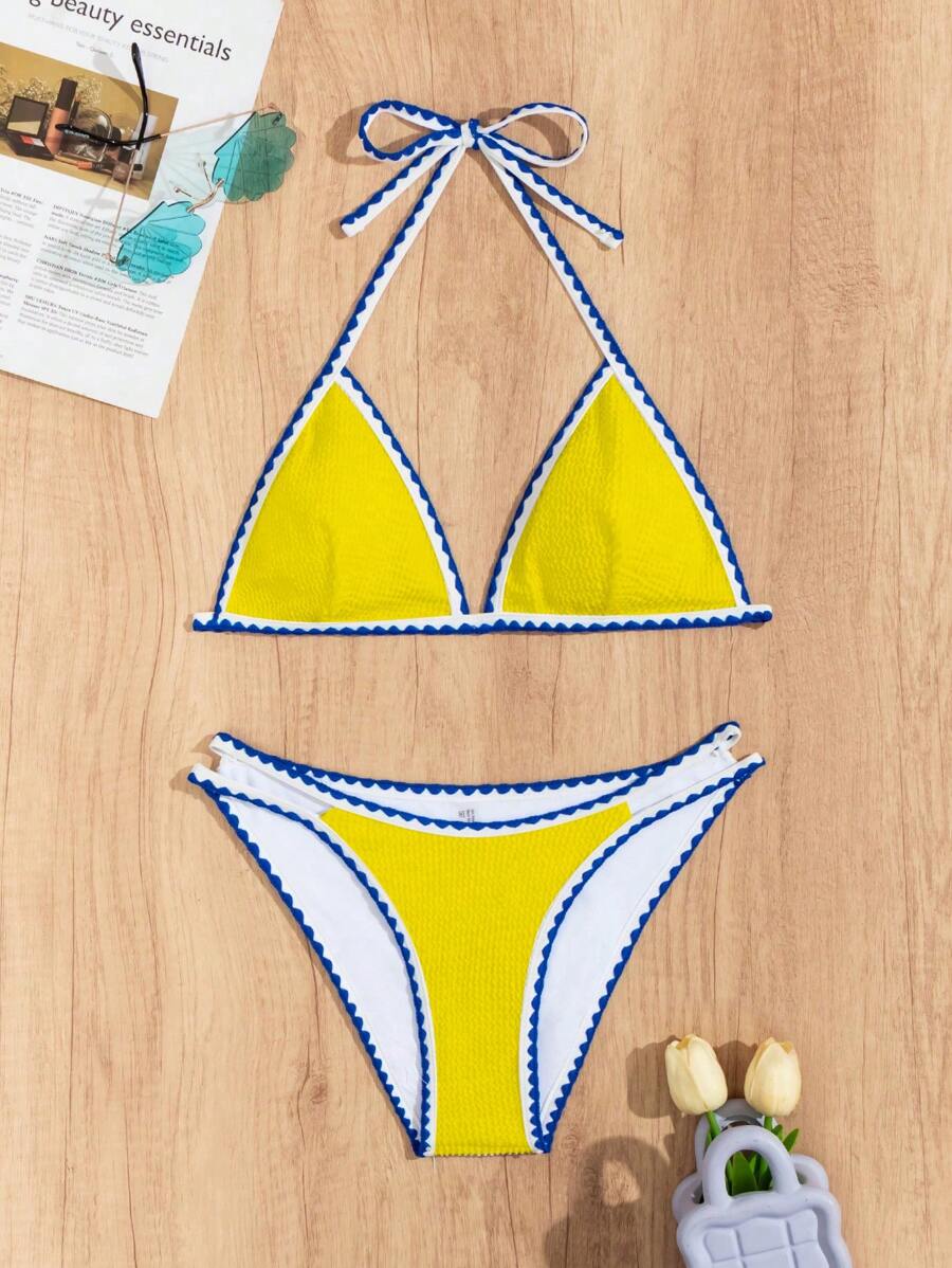 Women's Whip Stitch Halter Triangle Bikini Set - Backless, High Waist, Colorblock, White