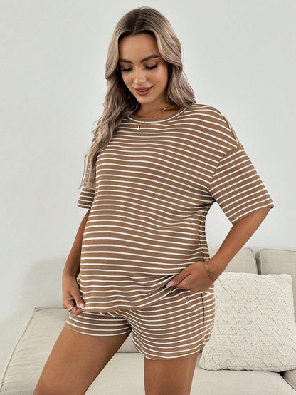 Maternity Striped 2-Piece Set - Drop Shoulder Tee & Track Shorts, Pocket, Loose Fit, Khaki