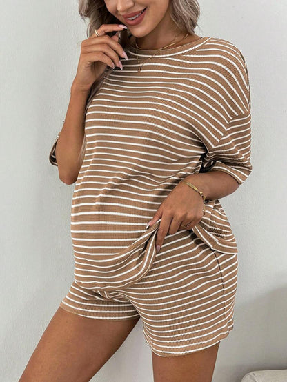 Maternity Striped 2-Piece Set - Drop Shoulder Tee & Track Shorts, Pocket, Loose Fit, Khaki
