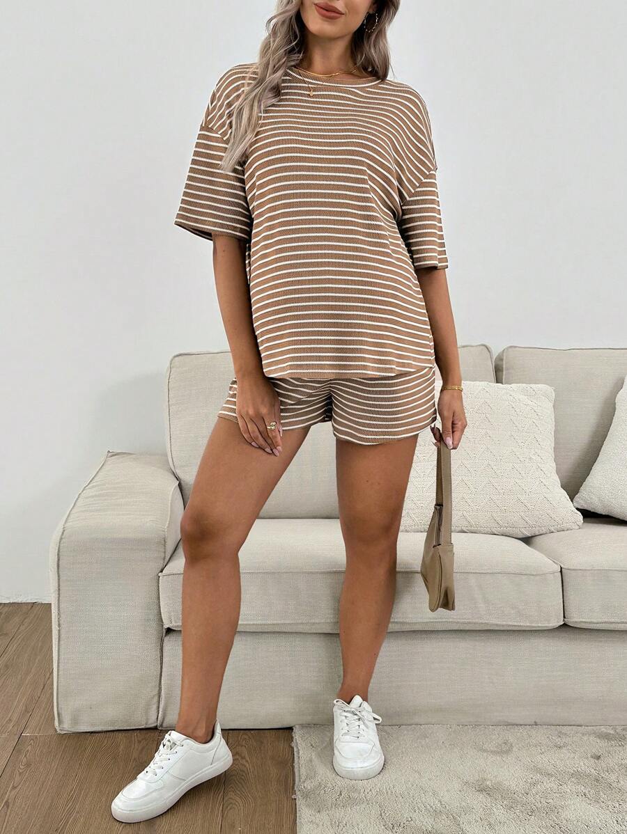 Maternity Striped 2-Piece Set - Drop Shoulder Tee & Track Shorts, Pocket, Loose Fit, Khaki