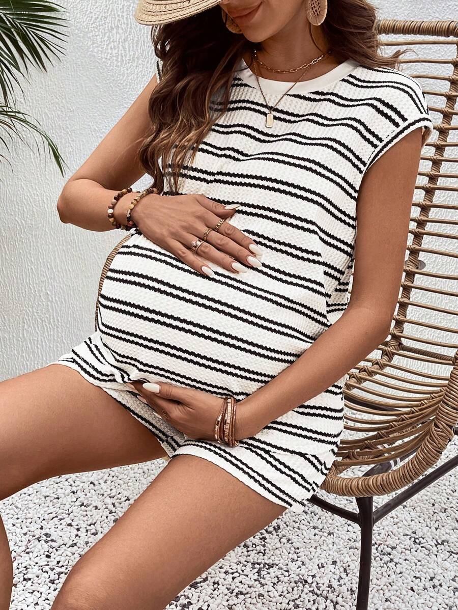 Maternity 2-Piece Striped Patchwork Loungewear Set Round Neck Batwing Sleeve Top and Adjustable Waist Shorts