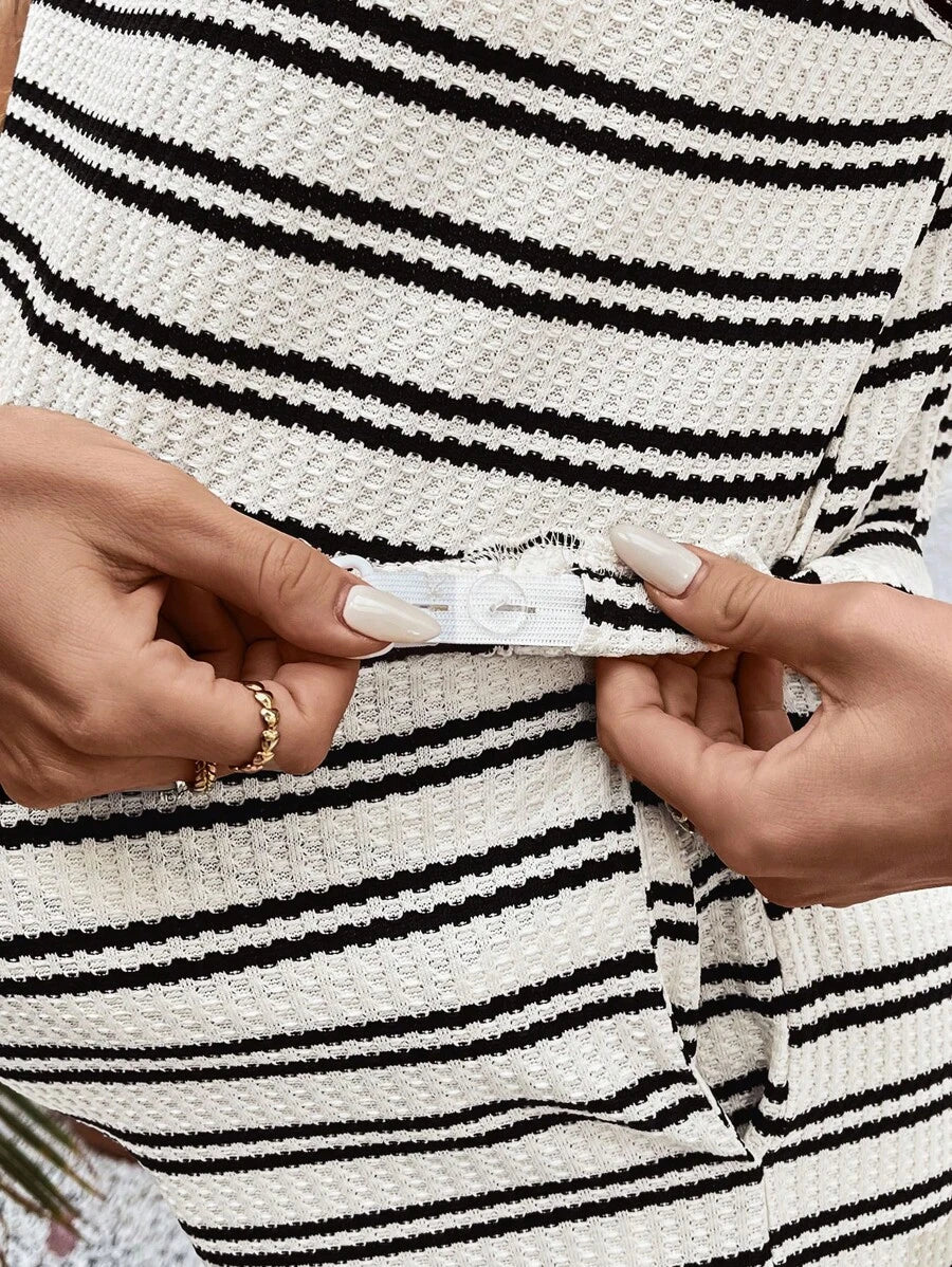 Maternity 2-Piece Striped Patchwork Loungewear Set Round Neck Batwing Sleeve Top and Adjustable Waist Shorts