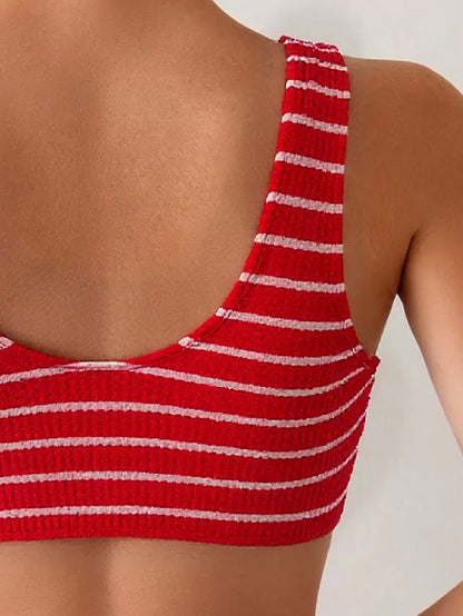 Women's 2-Piece Striped Bikini Set - V-Neck, High Waist, Knot Detail, Multicolor