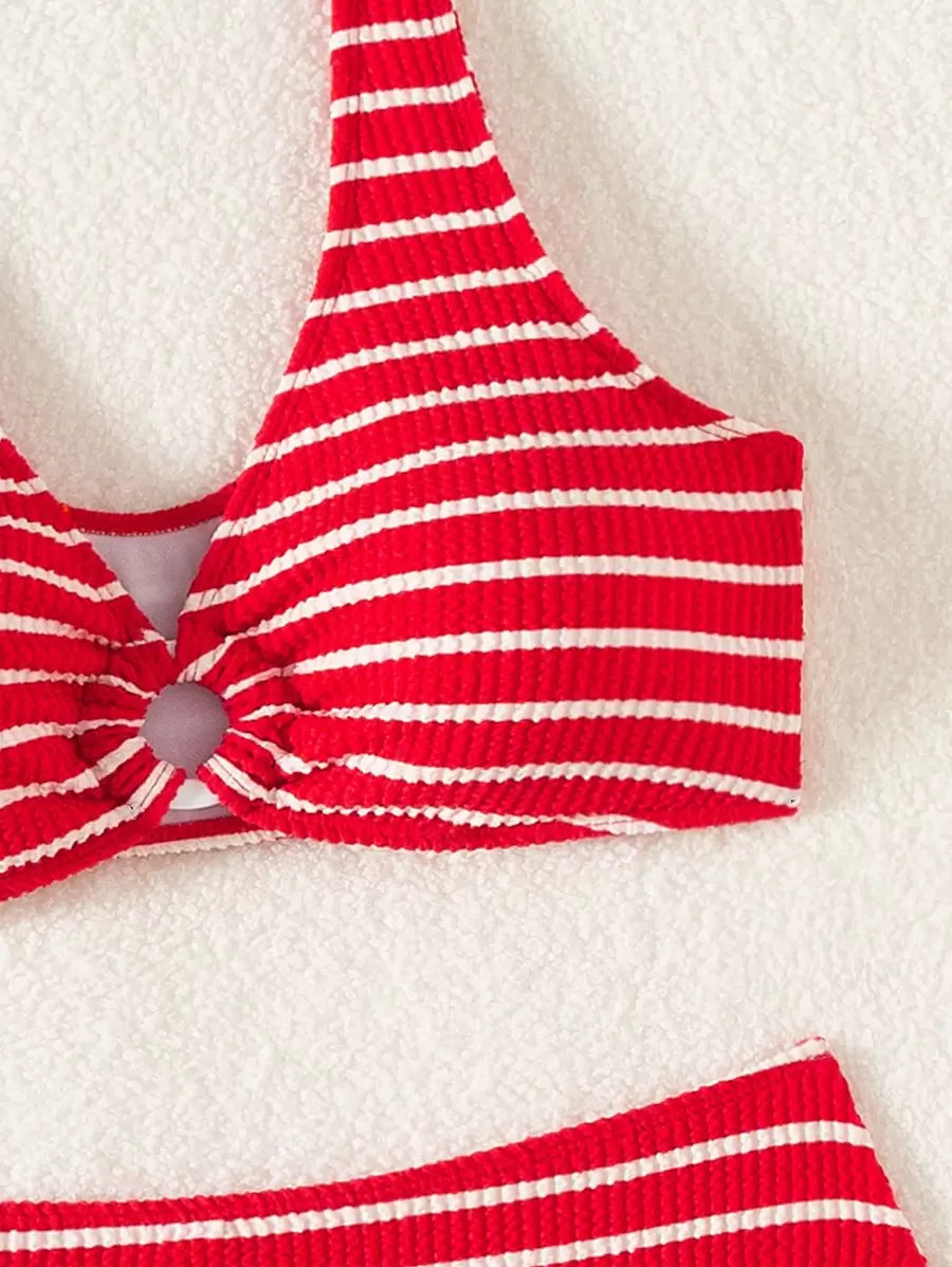 Women's 2-Piece Striped Bikini Set - V-Neck, High Waist, Knot Detail, Multicolor