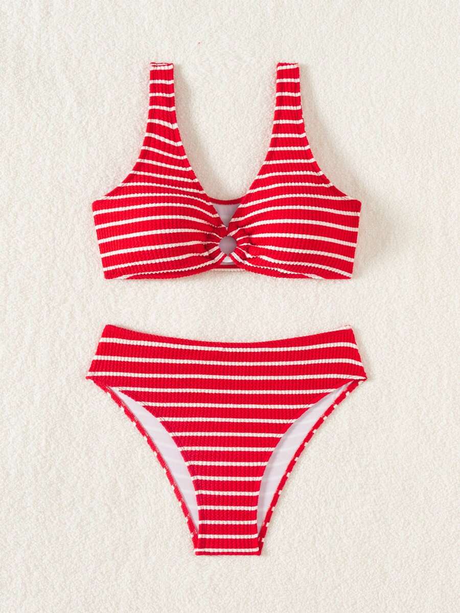 Women's 2-Piece Striped Bikini Set - V-Neck, High Waist, Knot Detail, Multicolor