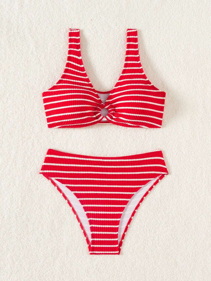 Women's 2-Piece Striped Bikini Set - V-Neck, High Waist, Knot Detail, Multicolor