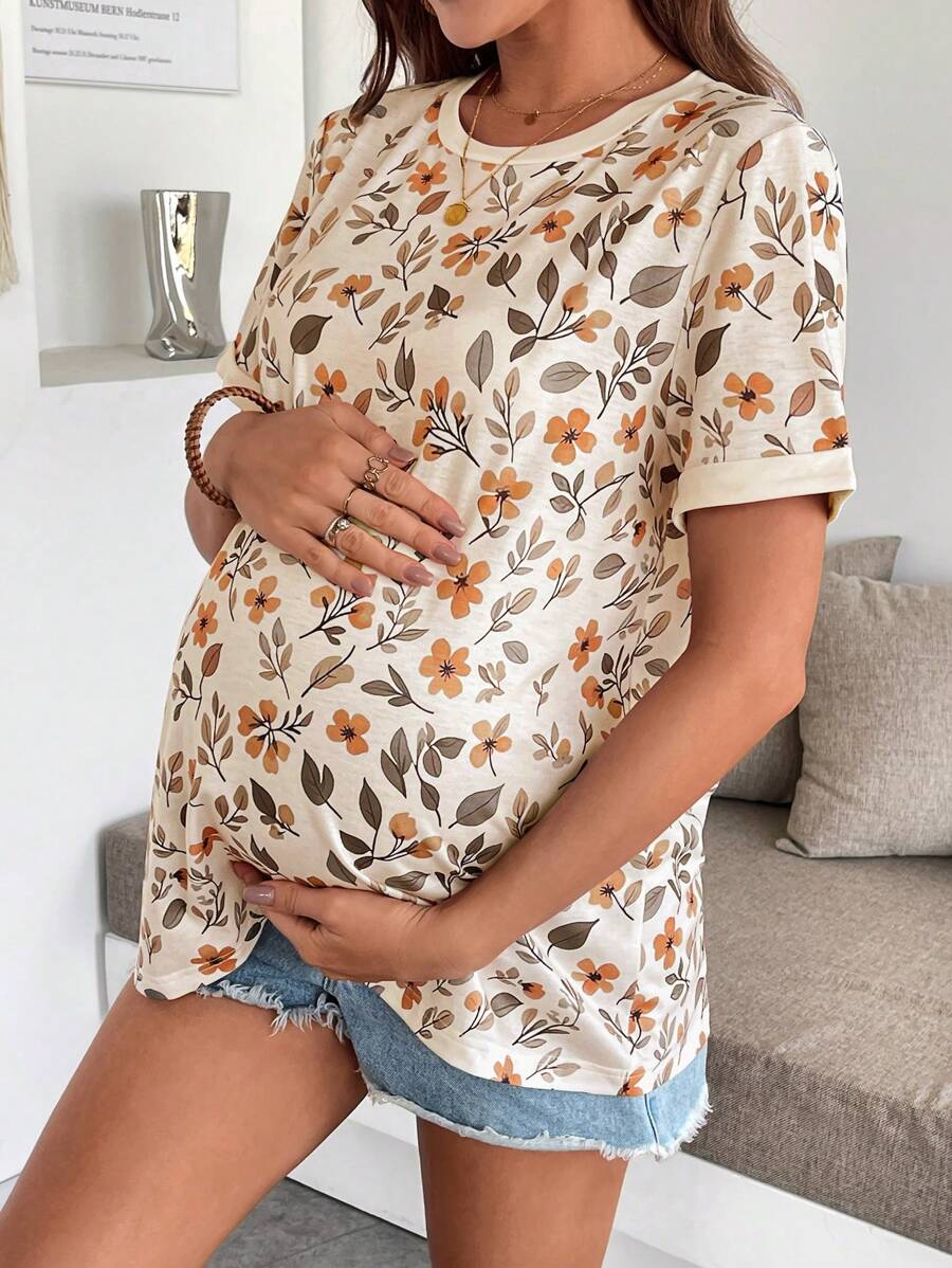 Maternity Floral Print Round Neck Casual Short Sleeve T-Shirt