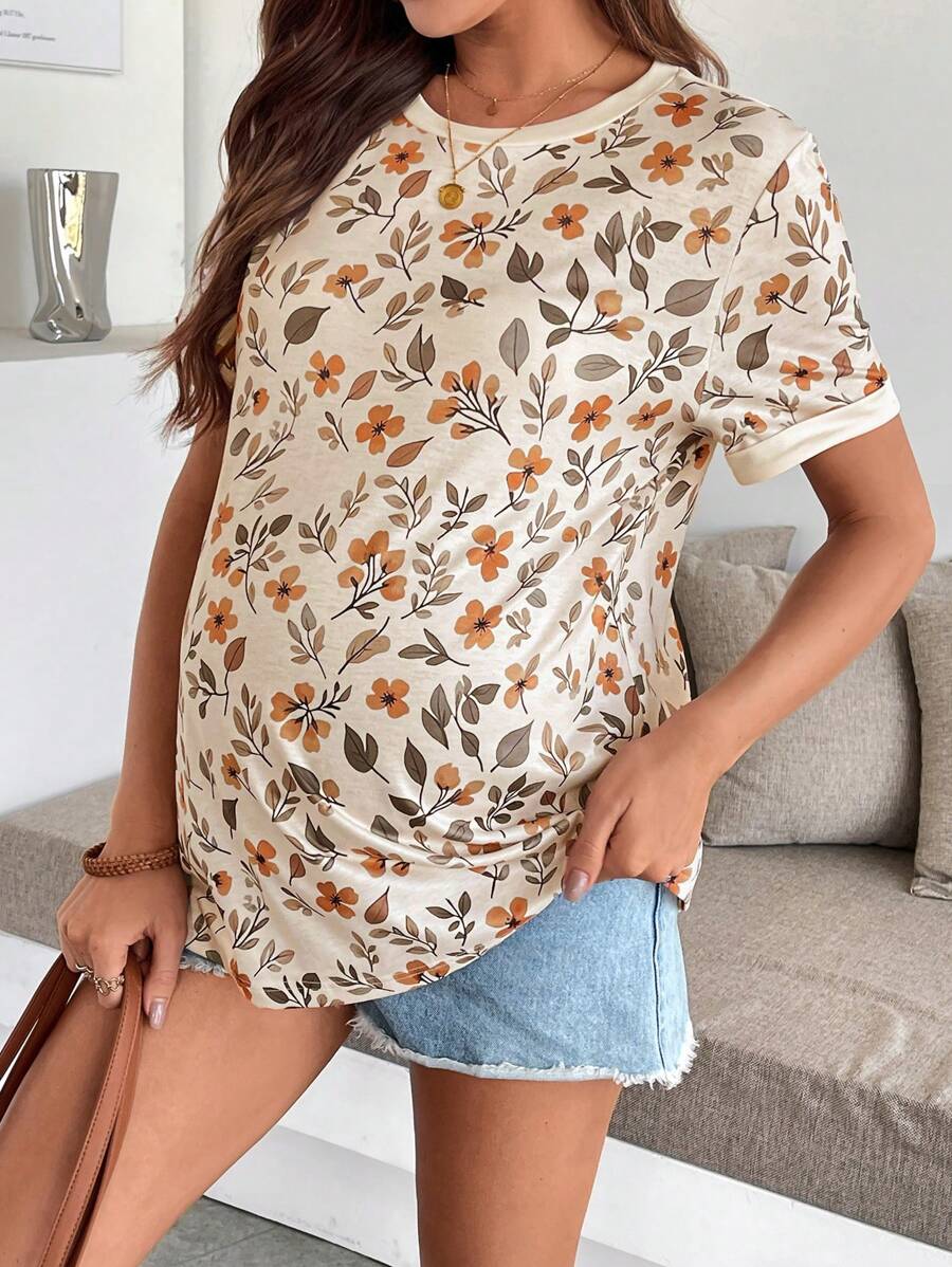 Maternity Floral Print Round Neck Casual Short Sleeve T-Shirt