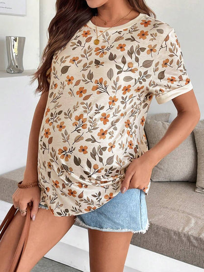 Maternity Floral Print Round Neck Casual Short Sleeve T-Shirt