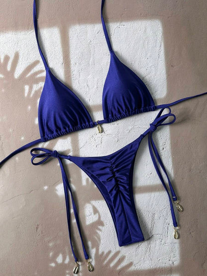 Swim Chiccia Women Spring Break Summer Beach Solid Color Halter Tie Sexy Bikini Swimsuit Set
