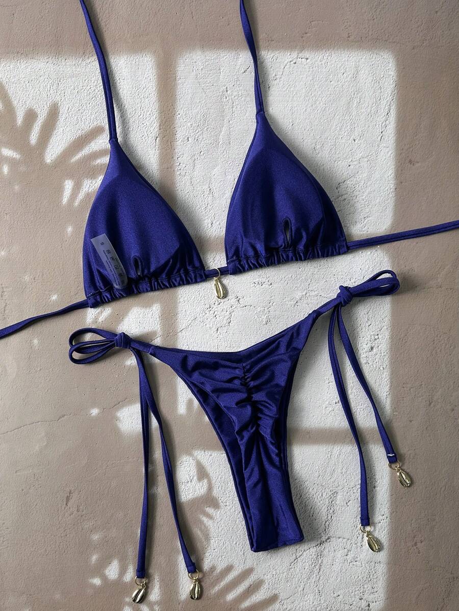 Swim Chiccia Women Spring Break Summer Beach Solid Color Halter Tie Sexy Bikini Swimsuit Set