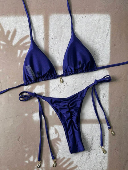 Swim Chiccia Women Spring Break Summer Beach Solid Color Halter Tie Sexy Bikini Swimsuit Set