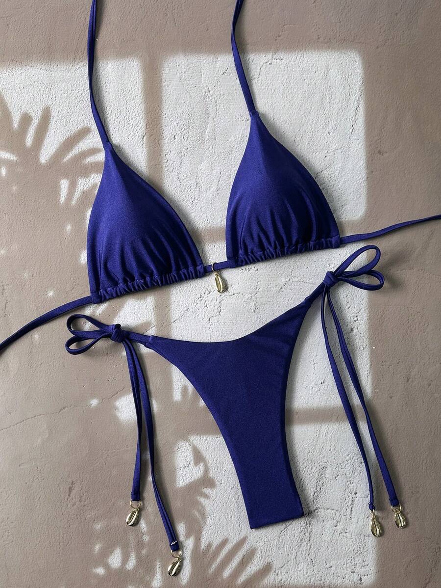Swim Chiccia Women Spring Break Summer Beach Solid Color Halter Tie Sexy Bikini Swimsuit Set