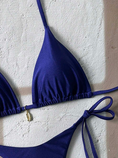 Swim Chiccia Women Spring Break Summer Beach Solid Color Halter Tie Sexy Bikini Swimsuit Set
